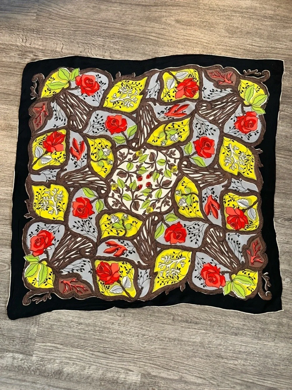 Vintage Glentex Silk Scarf Floral Tree Roses Hand Rolled 33”